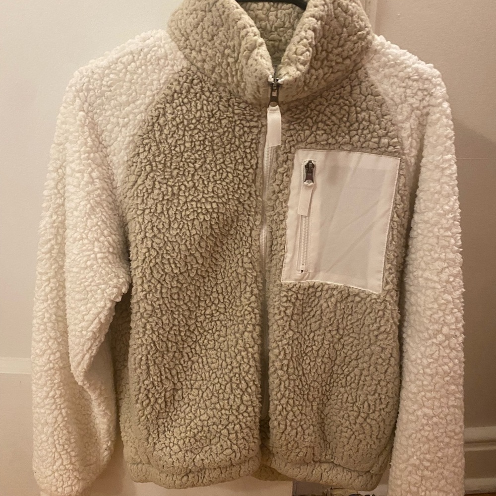 White and beige fuzzy jacket, barely worn